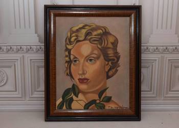 T De Łempicka - Portret Francuskiej Damy - Stary Obraz Olejny z Francji na sprzedaż  Kraków