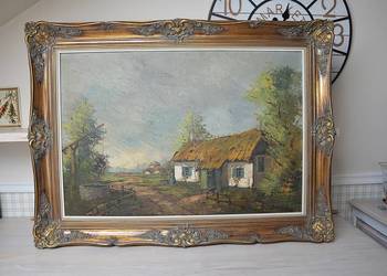 Obraz olej na płótnie pejzaż wieś w złotej ramie stylowy, używany na sprzedaż  Kalisz