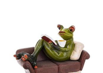 Urocza figurka czytelnik żabka z książką i kawką na kanapie, używany na sprzedaż  Limanowa