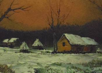 Używany, Flamandzki obraz olejny – zimowa samotna sadyba na sprzedaż  Żychlin