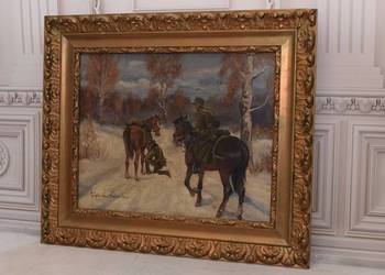 Wojciech Kossak - Ułani Na Koniach - Polski Zimowy Stary Obraz Olejny na sprzedaż  Kraków