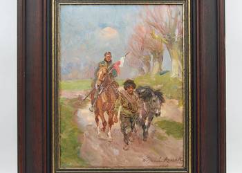 Wojciech Kossak (1856 - 1942) obraz &quot;Kozak i żołnierz na koniu&quot; 1920 na sprzedaż  Poznań