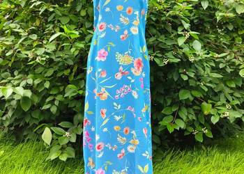 Prosta sukienka długa vintage niebieska w kolorowe kwiaty la, używany na sprzedaż  Szczecin