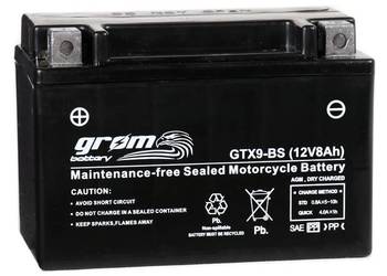 Akumulator motocyklowy GROM GTX9-BS YTX9-BS 12V 8Ah 130A L+, używany na sprzedaż  Zgierz