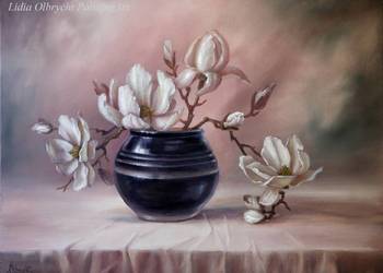Magnolia, ręcznie malowany obraz olejny, L. Olbrycht na sprzedaż  Nowy Sącz