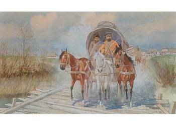 Obraz Powrót z targu Juliusz Holzmüller akwarela na sprzedaż  Poznań