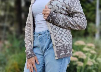 Sweter kardigan wełniany M 38 wełna beżowy wzór koty psy kotek piesek na sprzedaż  Szczecin