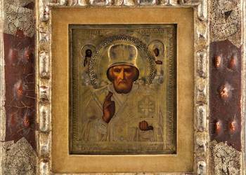 Używany, Piękna ikona obraz Św. Mikołaj z Miry Rosja XIX-XX wiek na sprzedaż  Poznań