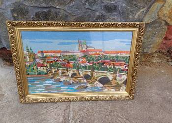 Obraz gobelin w starej ramie Praga Czeska ..ost Karola oraz zamek Praski na sprzedaż  Lubań