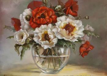 Kwiaty -Maki w wazonie, obraz olejny, L.Olbrycht na sprzedaż  Nowy Sącz