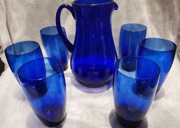 Dzbanek szklanki szkło niebieskie kobaltowe  design  PRL, używany na sprzedaż  Siemianowice Śląskie