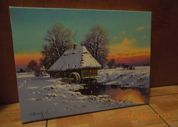 Używany, obraz olejny pejzaz zimowy stary młyn na sprzedaż  Częstochowa