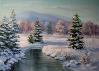 Pejzaż Zima Beskidy, obraz olejny, L. Olbrycht na sprzedaż  Nowy Sącz