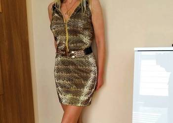 Bajeczna sukienka mini czarna złota metaliczna M L GRATIS W. na sprzedaż  Łapy