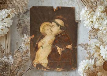 Św. Antoni i Dzieciątko Jezus, przedwojenny obraz religijny relief na desce na sprzedaż  Lublin
