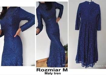 Kobaltowa koronkowa suknia wieczonwa z małym trenem r. M, używany na sprzedaż  Radzyń Podlaski