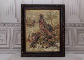 J. Fałat - Rodzina Bażantów Kuropatwy - Las Natura - Stary Obraz Olejny na sprzedaż  Kraków