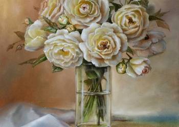 Używany, Kwiaty obraz olejny -Róże w wazonie,L. Olbrycht na sprzedaż  Nowy Sącz