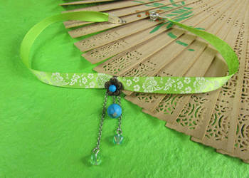 Naszyjnik choker zielony niebieski wstążka kwiaty handmade na sprzedaż  Katowice