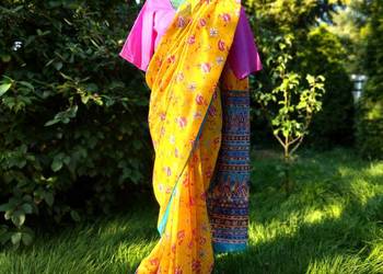 Używany, Vintage saree sari żółte w kwiaty floral indyjska sukienka r na sprzedaż  Szczecin