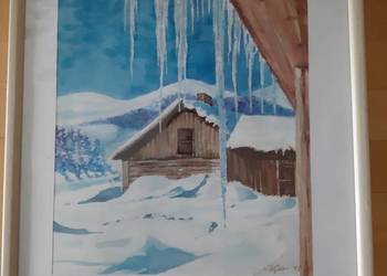 Akwarela Obraz w ramce 30x40cm, Sople zima, oryginał na sprzedaż  Oświęcim