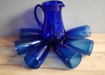 Stary niebieski dzbanek i szklanki szkło kobaltowe PRL, używany na sprzedaż  Siemianowice Śląskie