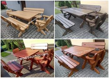 Stół ogrodowy drewniany 2 ławki 2 fotele zestaw komplet na sprzedaż  Tokarnia