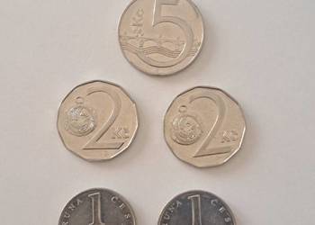 Zestaw 5 monet czeskich: 1, 2, 5 Kč 14.2 na sprzedaż  Domaszczyn