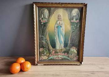 Stary duży ciekawy obraz oleodruk Matka z Lourdes, używany na sprzedaż  Siemianowice Śląskie