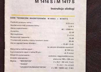 Używany, Instrukcja Obsługi Magnetofonu M 1416 S, M1417 S Unitra na sprzedaż  Wrocław