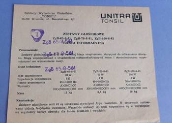 UNITRA TONSIL zestawy głośnikowe karta informacyjna na sprzedaż  Kraków